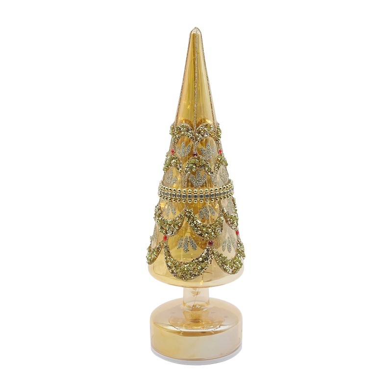 Árvore de vidro de Natal giratória de 10 × 30 cm com luzes LED decoração festiva iridescente