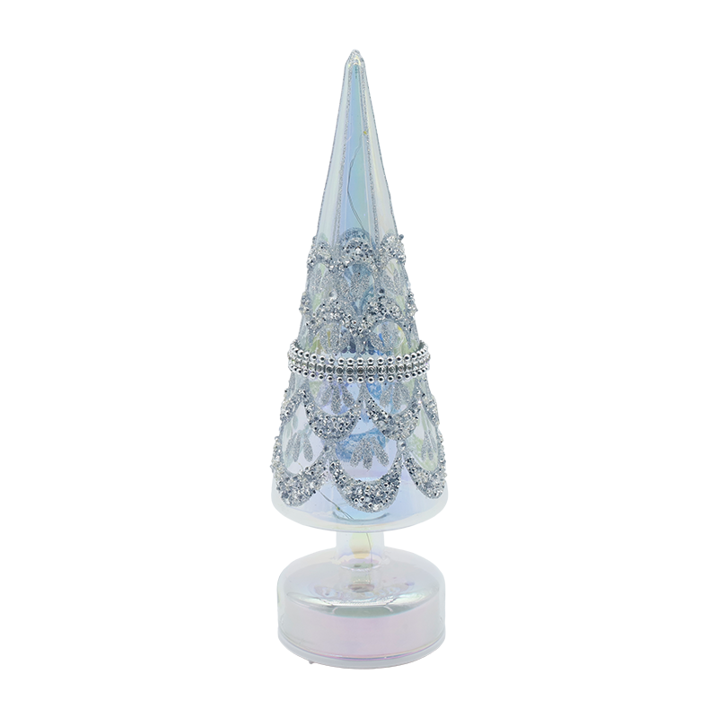 Árvore de vidro de Natal giratória de 10 × 30 cm com luzes LED decoração festiva iridescente