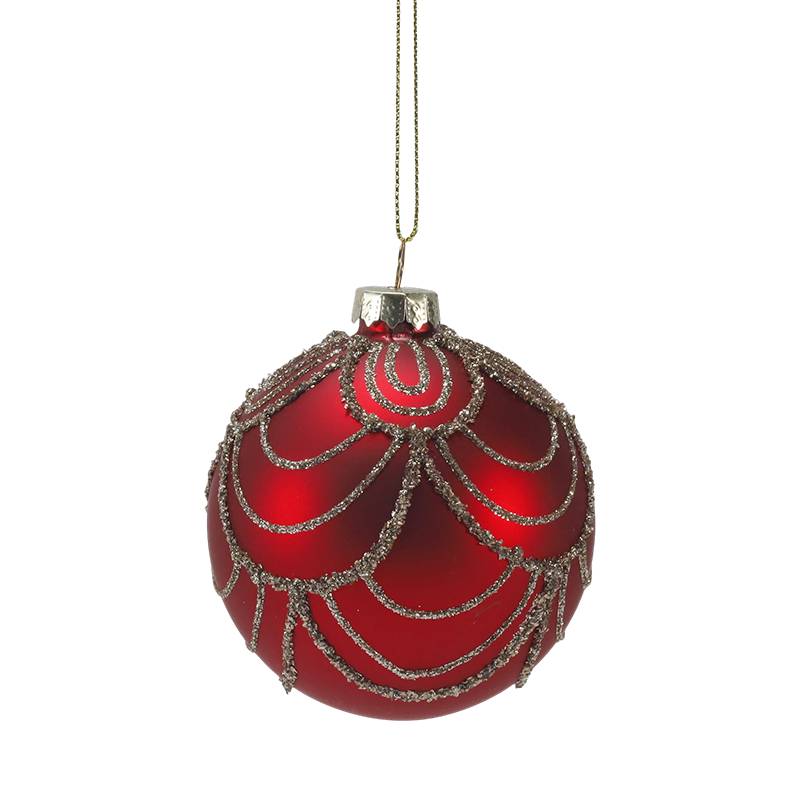 Bola de vidro de Natal vermelho fosco de 8 cm com redemoinhos de brilho dourado