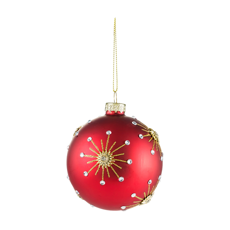 Bola de vidro de Natal vermelho fosco de 8 cm com redemoinhos de brilho dourado