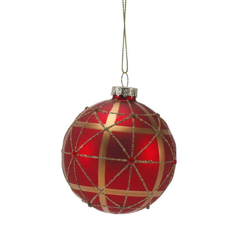 Bola de vidro de Natal vermelho fosco de 8 cm com redemoinhos de brilho dourado
