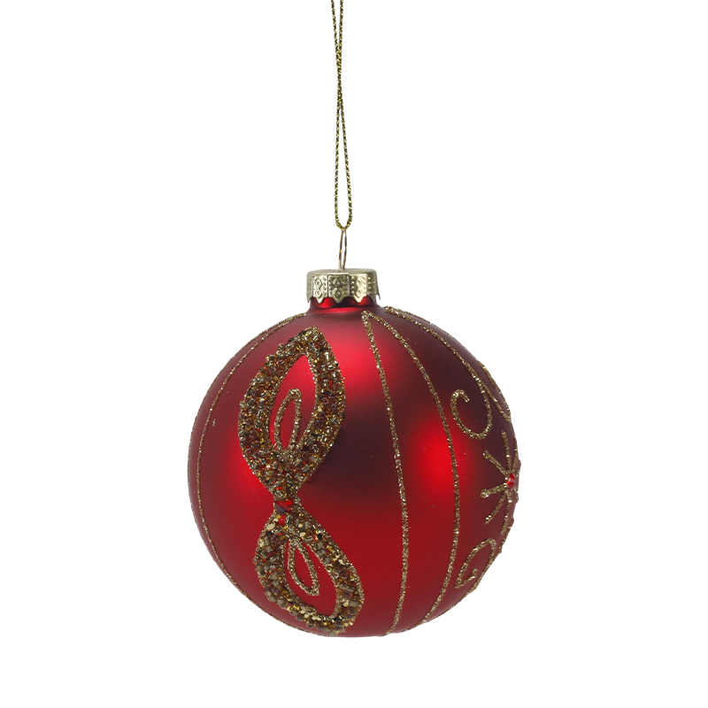 Bola de vidro de Natal vermelho fosco de 8 cm com redemoinhos de brilho dourado
