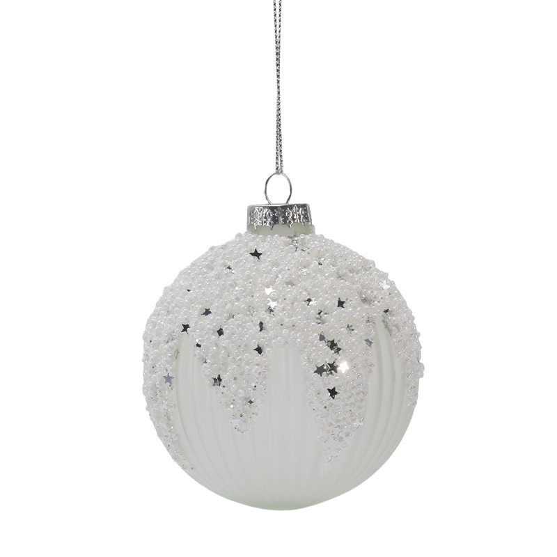 Ornamento de bola de vidro de Natal branco estrelado com neve e prata de 8 cm (único / conjunto de 3)