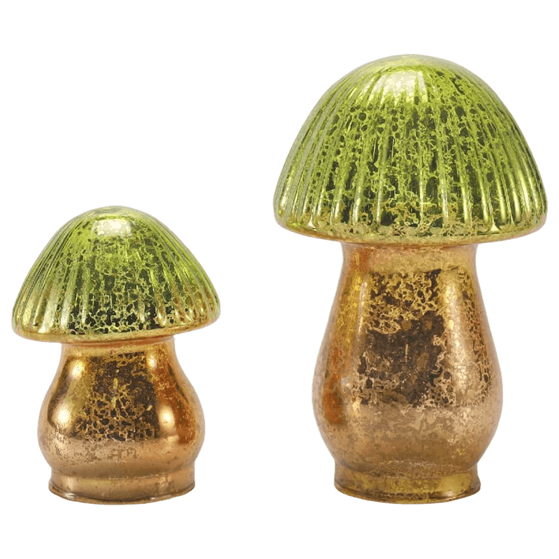 Ornamento de cogumelo de vidro mercúrio com gradiente verde-ouro feito à mão com decoração de led