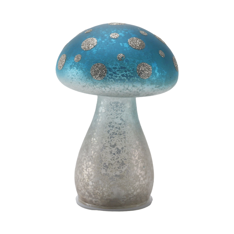 Ornamento de cogumelo de vidro fosco azul gradiente feito à mão com pontos de brilho prateado com decoração de led