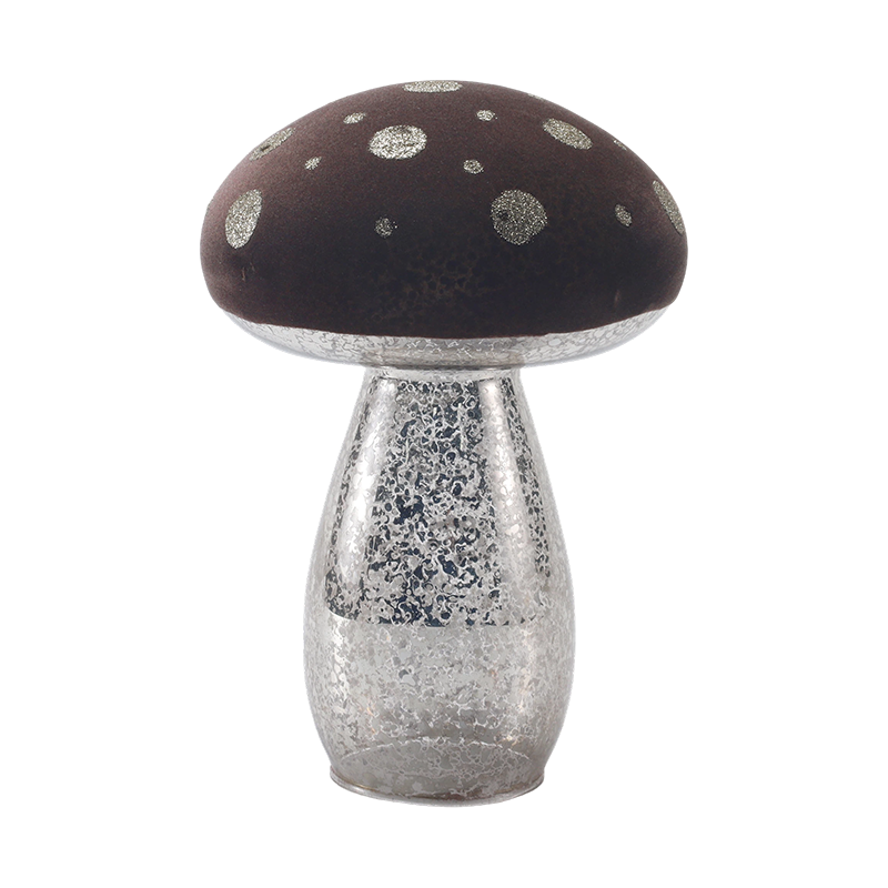 Vidro fosco marrom artesanal/ornamento de cogumelo superior de veludo com pontos de brilho prateado com decoração de led