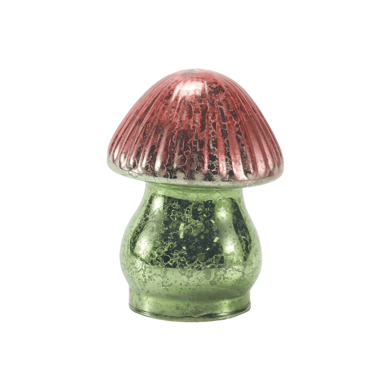 Ornamento de cogumelo de vidro mercúrio com gradiente vermelho-verde feito à mão com decoração de led