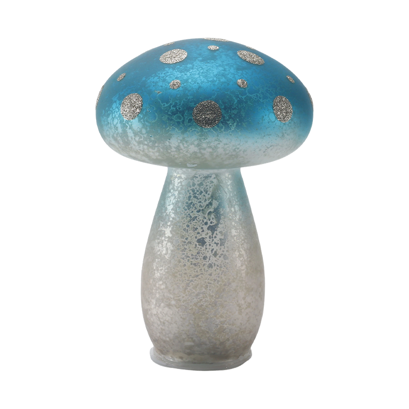 Ornamento de cogumelo de vidro fosco azul gradiente feito à mão com pontos de brilho prateado com decoração de led