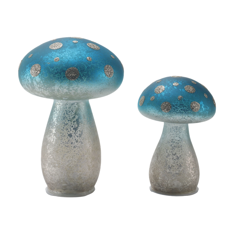 Ornamento de cogumelo de vidro fosco azul gradiente feito à mão com pontos de brilho prateado com decoração de led