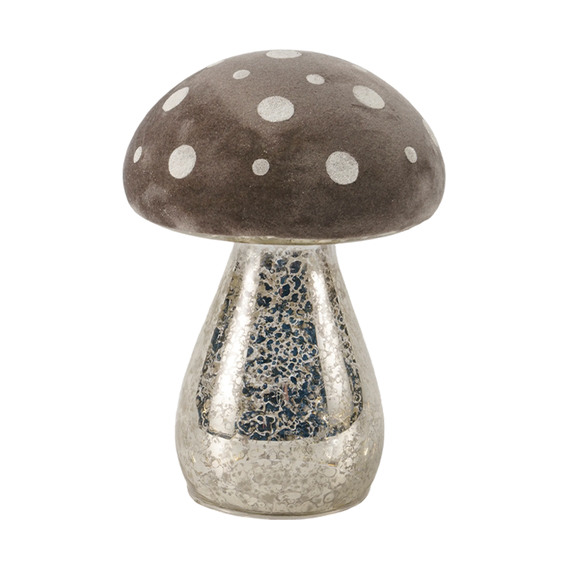 Vidro fosco marrom artesanal/ornamento de cogumelo superior de veludo com pontos de brilho prateado com decoração de led
