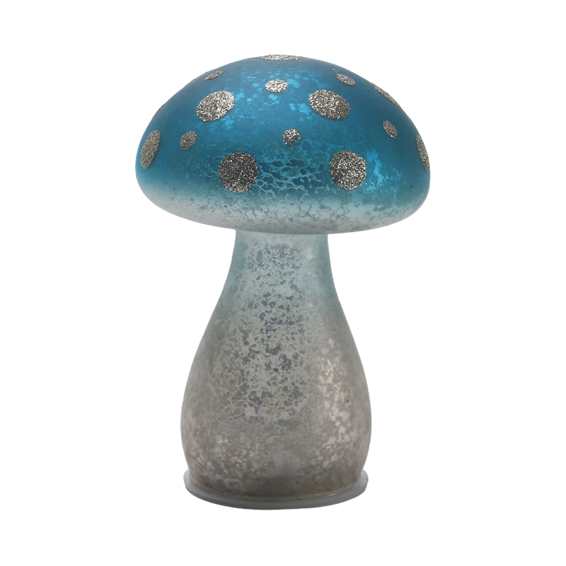 Ornamento de cogumelo de vidro fosco azul gradiente feito à mão com pontos de brilho prateado com decoração de led