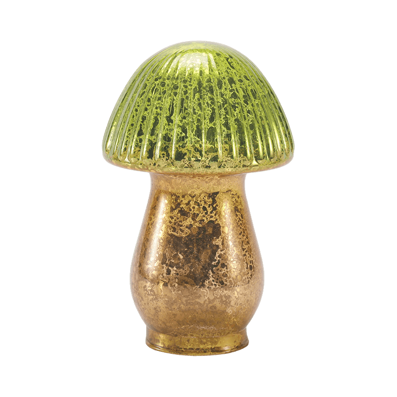 Ornamento de cogumelo de vidro mercúrio com gradiente verde-ouro feito à mão com decoração de led