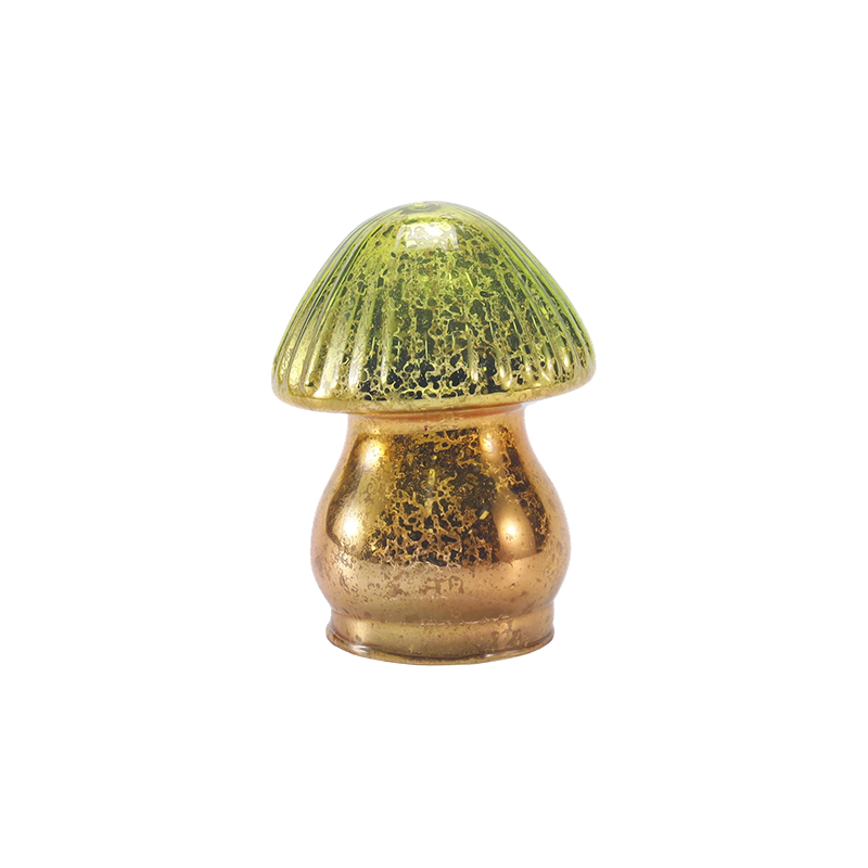 Ornamento de cogumelo de vidro mercúrio com gradiente verde-ouro feito à mão com decoração de led