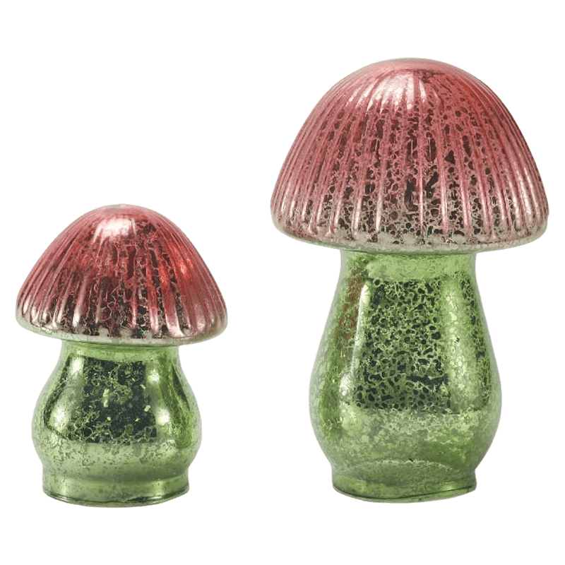 Ornamento de cogumelo de vidro mercúrio com gradiente vermelho-verde feito à mão com decoração de led