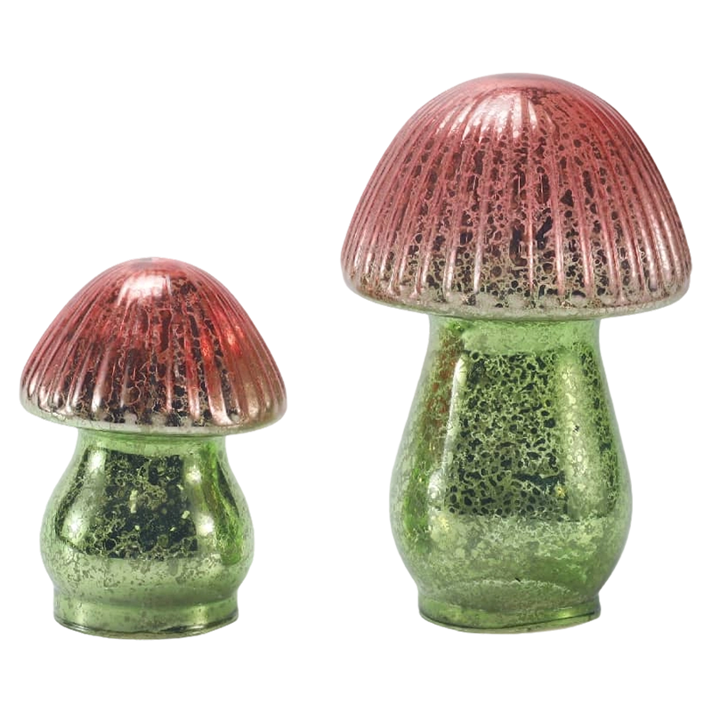 Ornamento de cogumelo de vidro mercúrio com gradiente vermelho-verde feito à mão com decoração de led