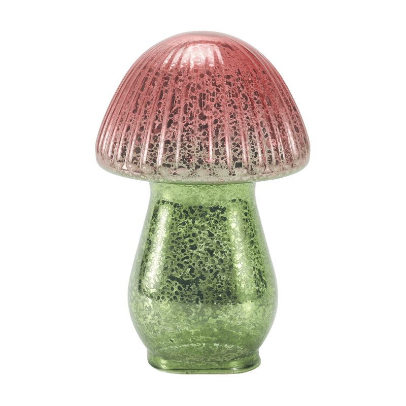 Ornamento de cogumelo de vidro mercúrio com gradiente vermelho-verde feito à mão com decoração de led