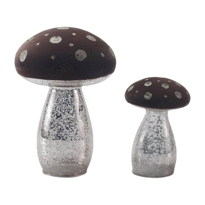 Vidro fosco marrom artesanal/ornamento de cogumelo superior de veludo com pontos de brilho prateado com decoração de led