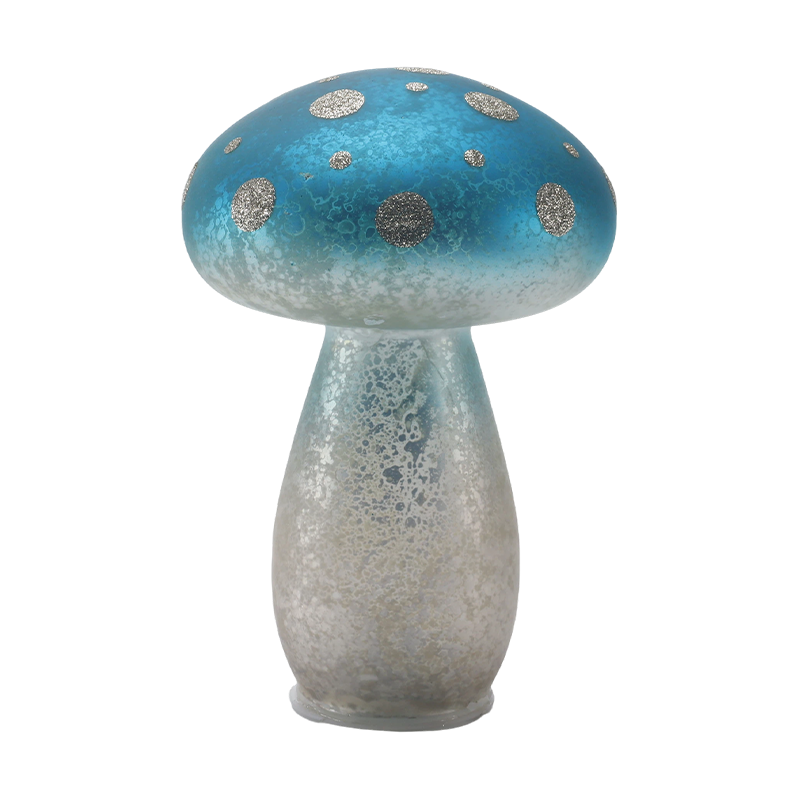 Ornamento de cogumelo de vidro fosco azul gradiente feito à mão com pontos de brilho prateado com decoração de led
