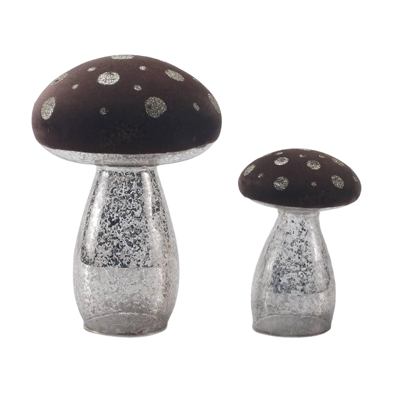 Vidro fosco marrom artesanal/ornamento de cogumelo superior de veludo com pontos de brilho prateado com decoração de led