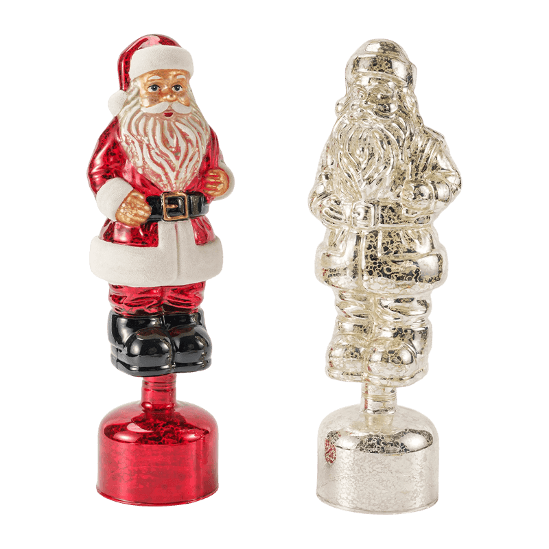 Estatueta de Papai Noel em vidro de mercúrio vintage (acabamento vermelho / prateado / verde claro)