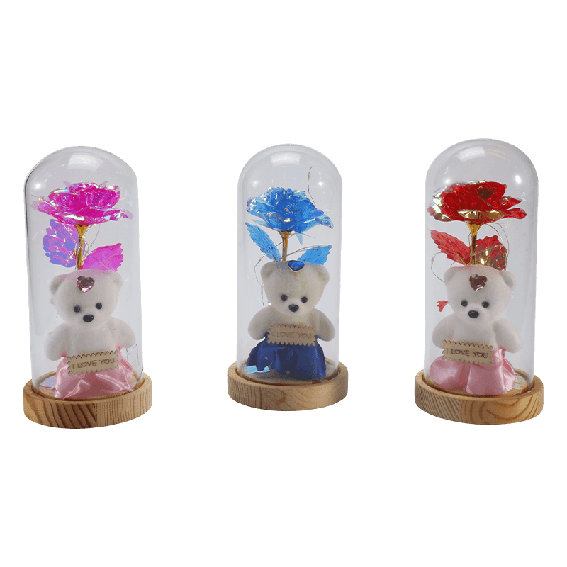 Luz Cloche de vidro Galaxy Rose (com/sem ursinho de pelúcia, várias cores)