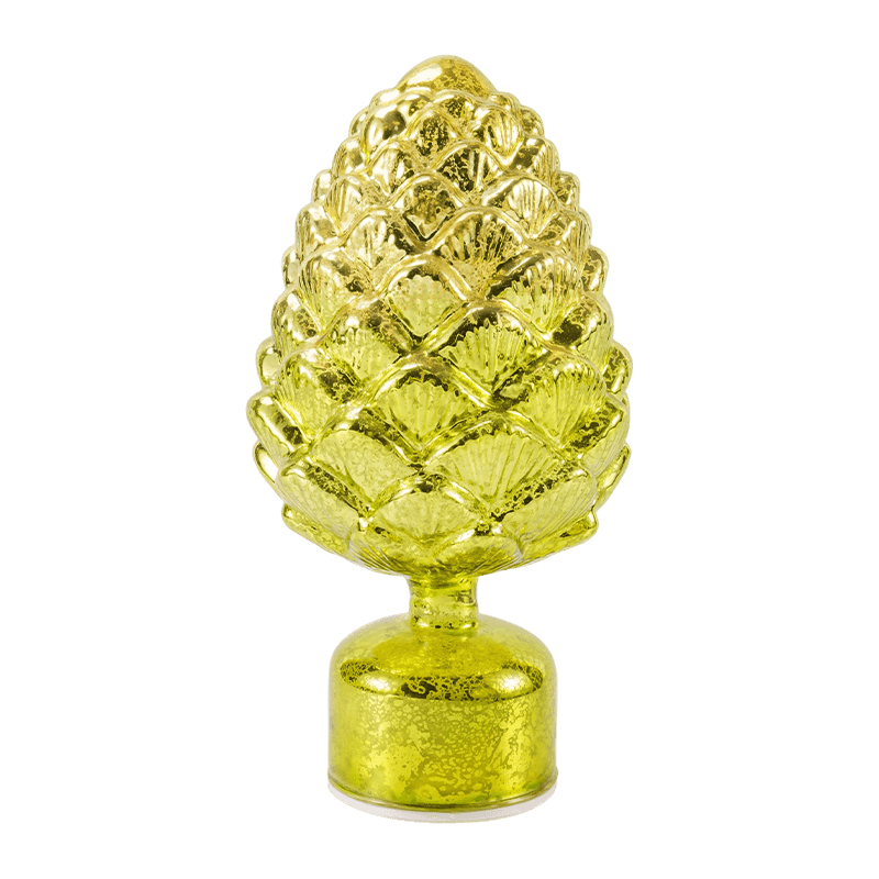 Vela de vidro de mercúrio vintage e estatueta de pinha (acabamento verde/dourado)