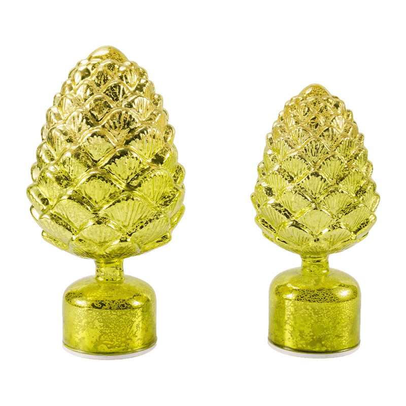 Vela de vidro de mercúrio vintage e estatueta de pinha (acabamento verde/dourado)